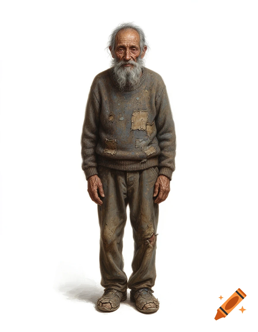 Full body portrait of an elderly man with a long grey beard, weathered face, wearing a patched sweater, worn trousers, and cracked shoes, on a white background, in a painterly realism style.