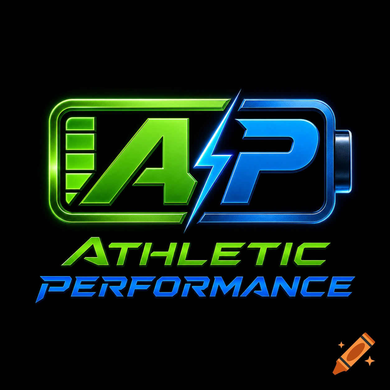 A neon green and blue logo for Athletic Performance, featuring the letters AP within a battery and lightning bolt design, with 'ATHLETIC PERFORMANCE' below.