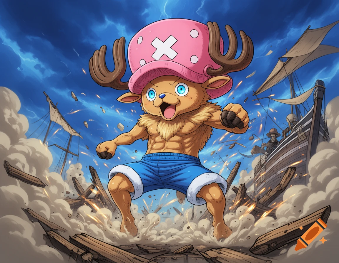 Anime style Tony Tony Chopper in hybrid form, leaping amidst ship debris and dust under a blue sky.