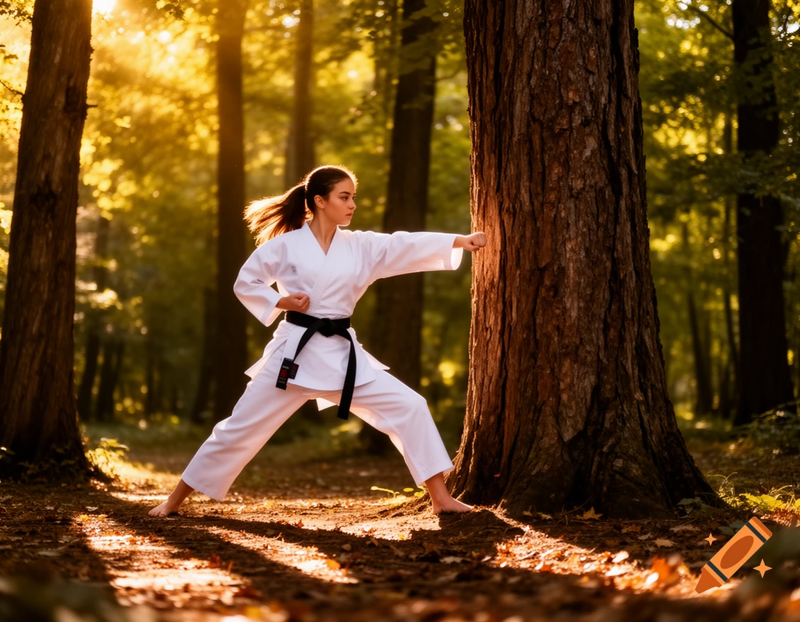 Young woman in a white karate gi with a black belt performing a martial arts stance in a sunlit forest.