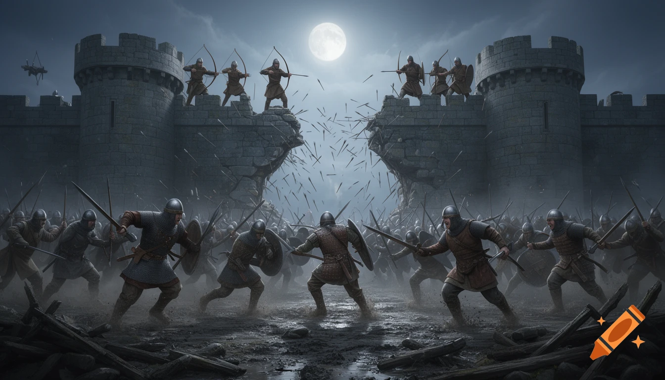Photorealistic depiction of a medieval battle with warriors storming a castle breach under a full moon, while archers fire arrows from the walls.