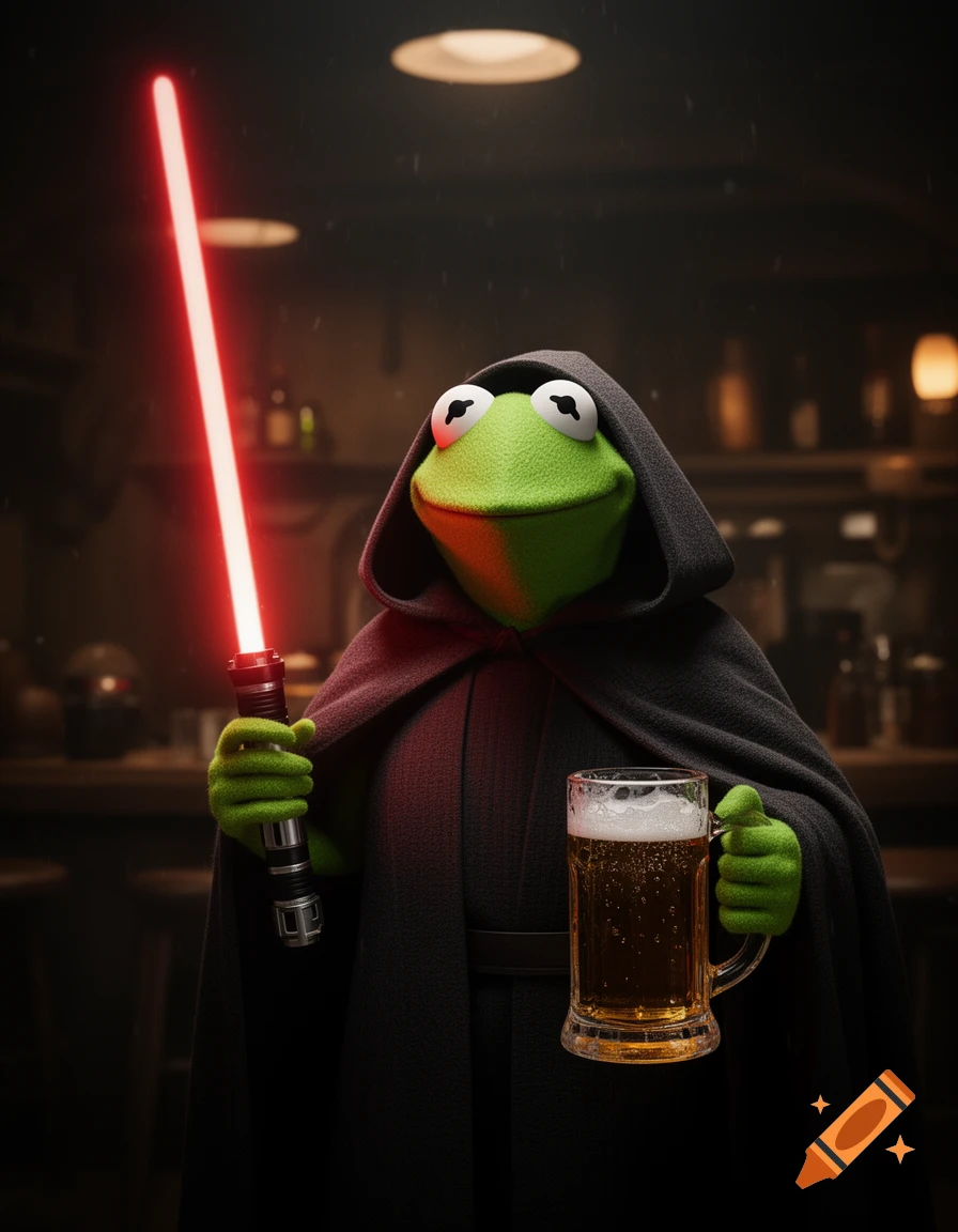 Kermit the Frog in a black Sith cloak holds a red lightsaber and a mug of beer in a dark bar, depicted realistically.