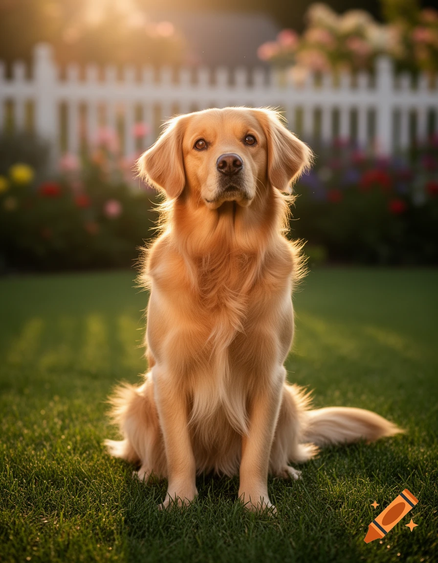 A golden retriever dog sits on a green lawn with a white picket fence and flowers in the background, lit by warm golden hour sunlight.