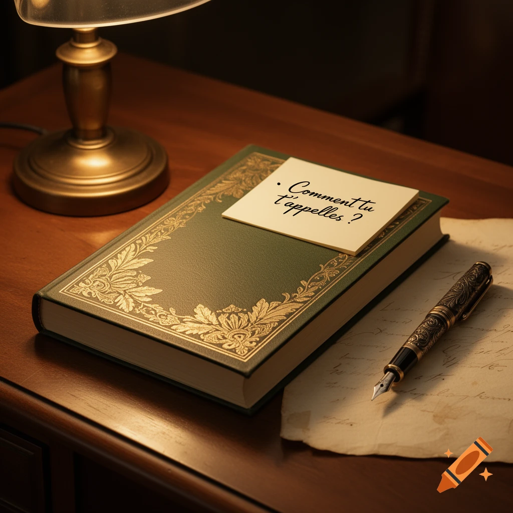 A green book with gold patterns, a quill pen, and a note reading 'Comment tu t’appelles ?' on a wooden desk under a lamp.