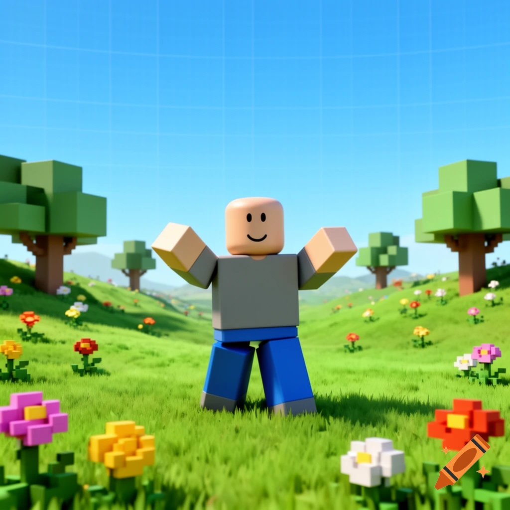 A 3D rendering of a default Roblox character with a smiley face, standing in a vibrant blocky green field with trees and flowers under a blue sky.