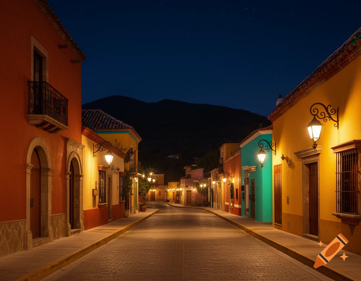 A quiet, cobblestone village street at night, flanked by colorful Mexican-style houses lit by warm street lamps.