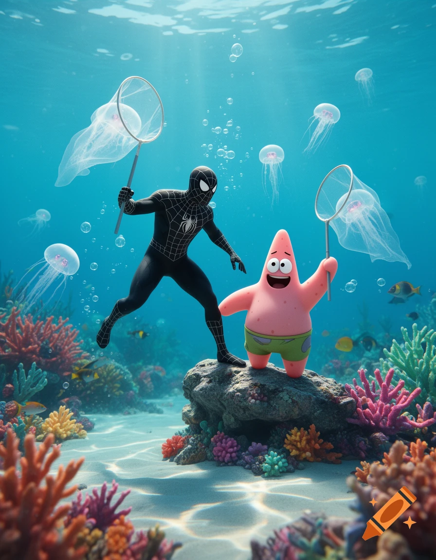 Black-suited Spider-Man and Patrick Star jellyfishing with nets in a vibrant underwater coral reef.