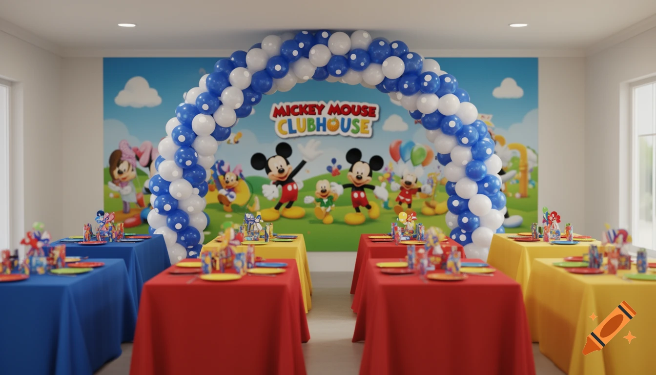 A photorealistic Mickey Mouse Clubhouse party setup with colorful tables, a blue and white polka dot balloon arch, and a themed mural.