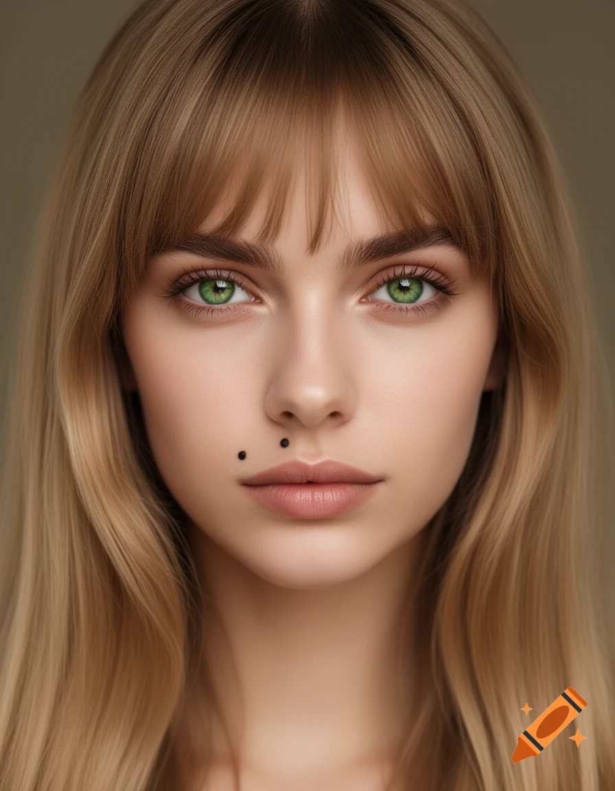 Close-up photorealistic portrait of a young woman with long blonde hair and bangs, emerald green eyes, and two beauty marks near her mouth.