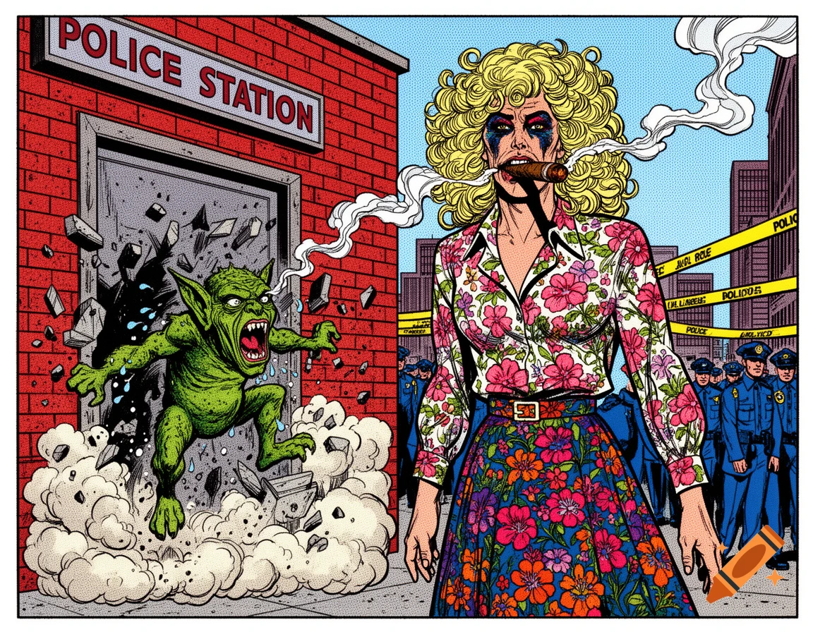 A comic book-style scene: a green goblin bursts through a police station wall while a person with a blonde wig and floral outfit smokes a cigar.