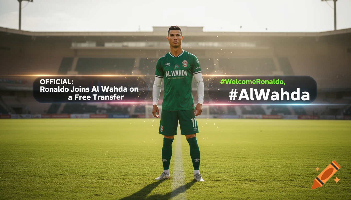 Photorealistic image of Cristiano Ronaldo in a green Al Wahda soccer uniform on a stadium field, with text announcing his free transfer.