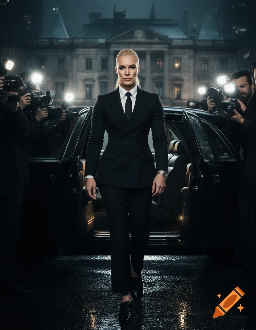 A photorealistic image of a blonde woman in a black suit and tie, exiting a luxury car on a rainy night, surrounded by paparazzi.