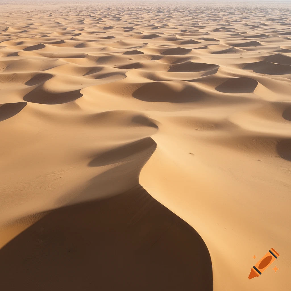 An aerial view of an endless expanse of sand dunes, casting long shadows in the warm light.