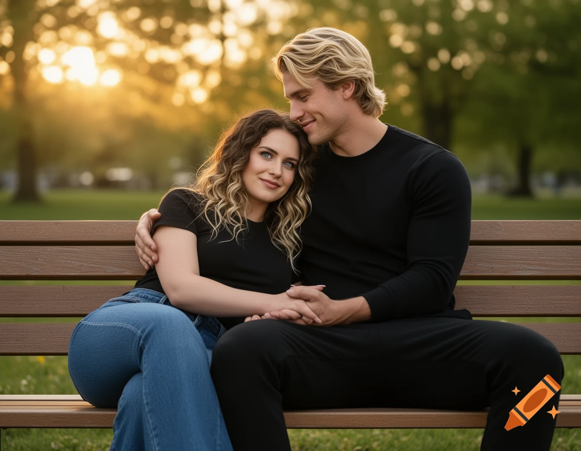 A smiling couple sits on a park bench during golden hour, holding hands in a warm, photorealistic image.