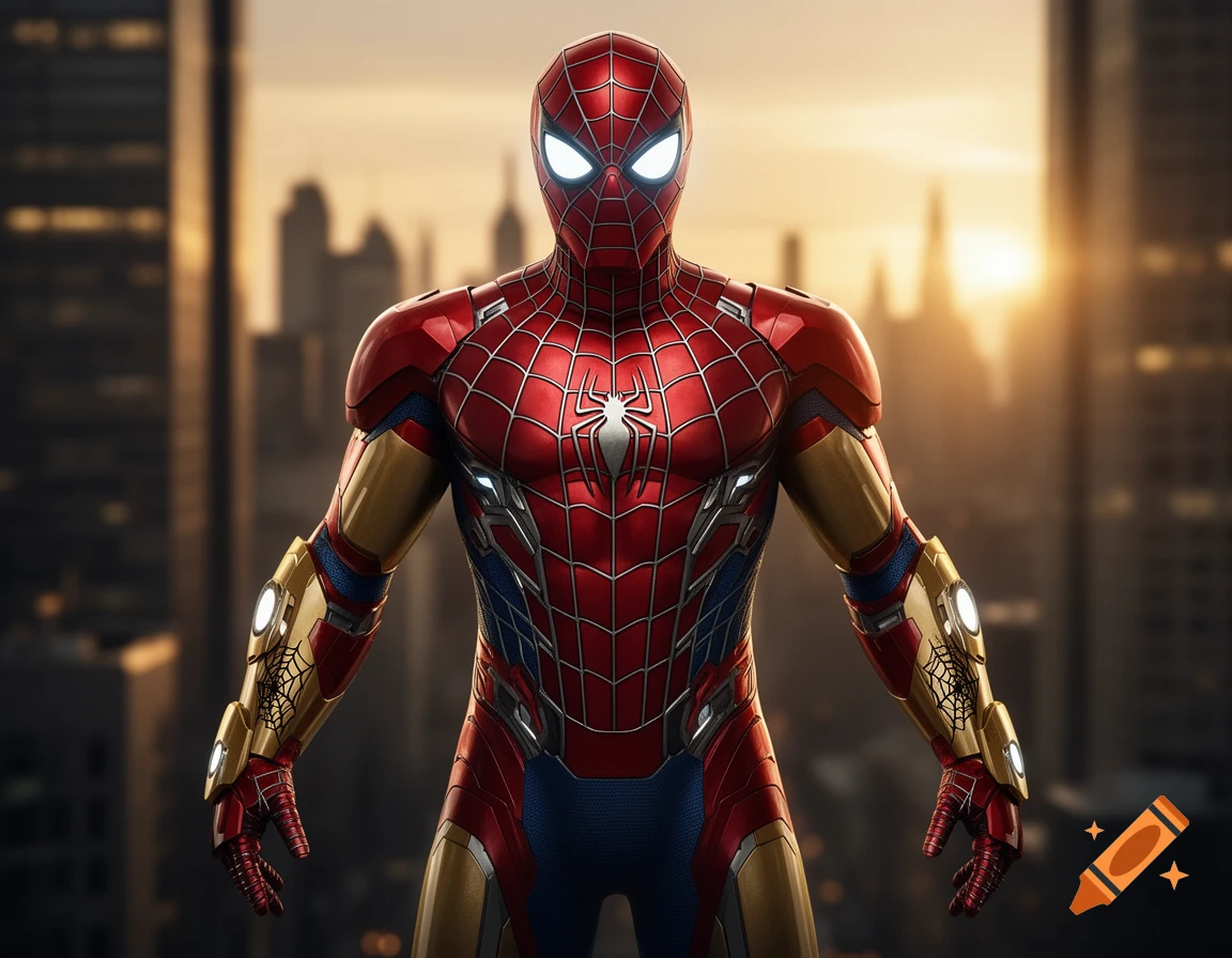 A photorealistic superhero suit combining Spider-Man and Iron Man, standing in a cityscape at sunset.