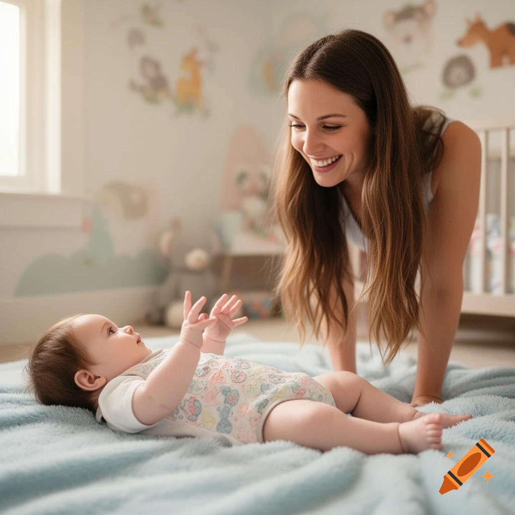 A smiling woman with long brown hair looks down at a baby lying on a blue blanket in a brightly lit nursery.
