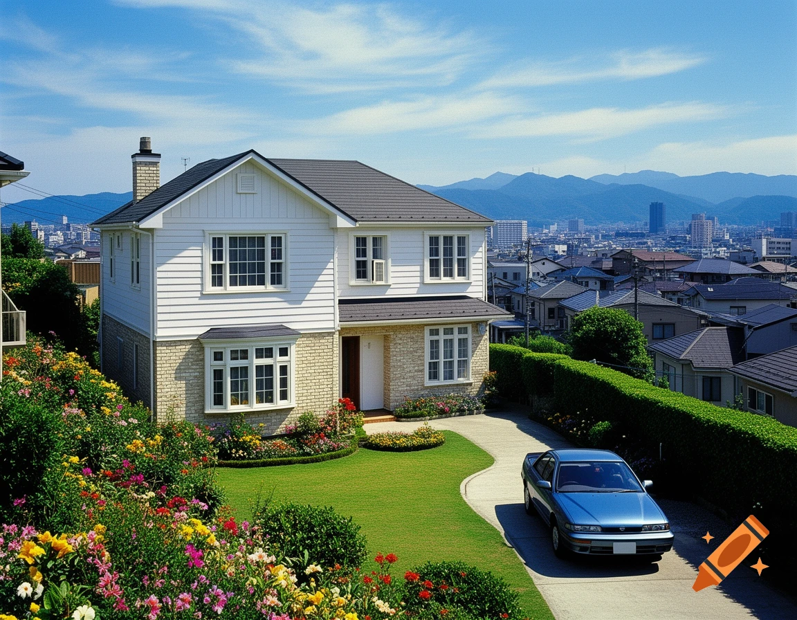 A two-story house with a colorful garden and a blue car on the driveway, overlooking a city skyline and mountains under a blue sky.