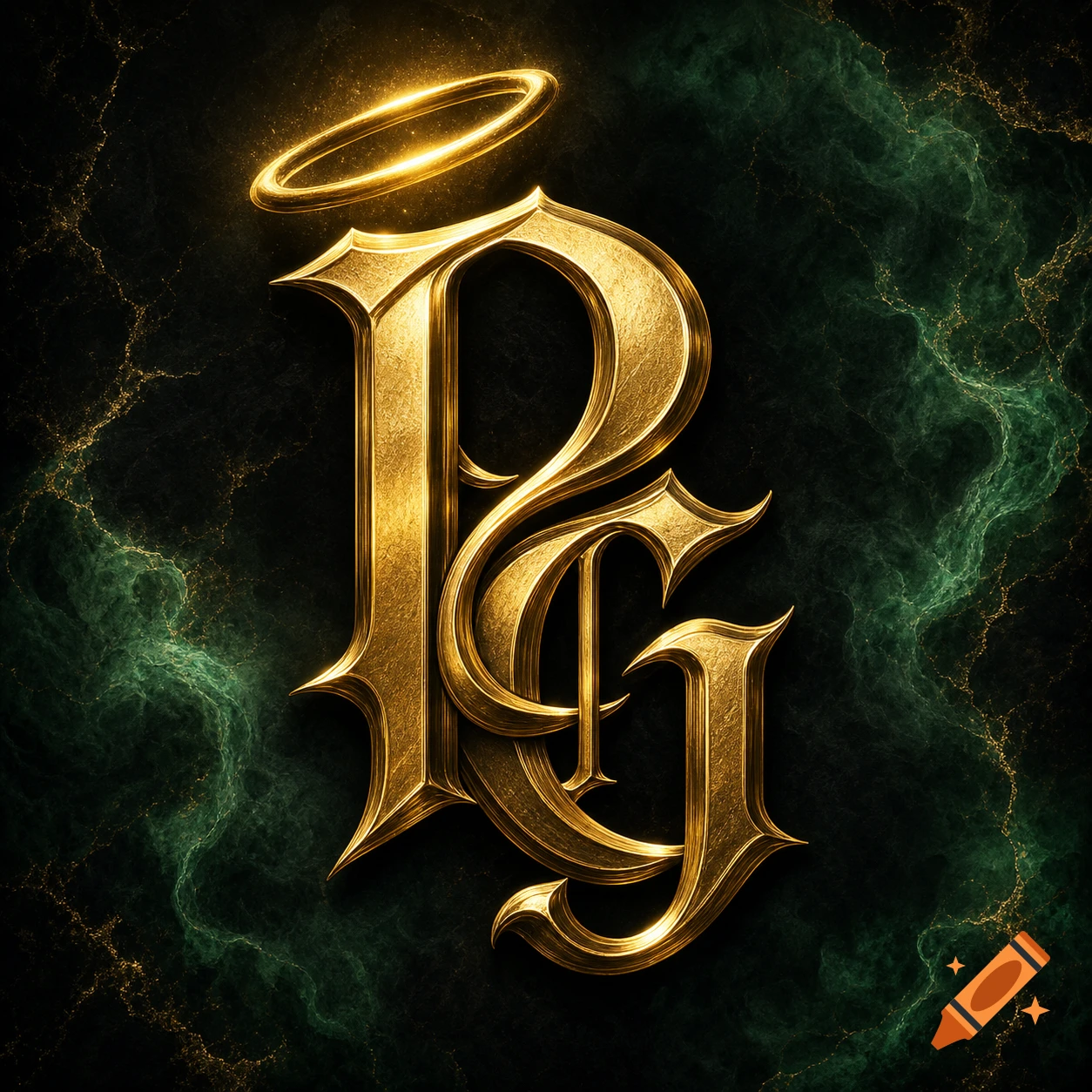 Ornate metallic gold 'PG' monogram with a glowing halo on a dark emerald green and black textured background, in a luxurious style.