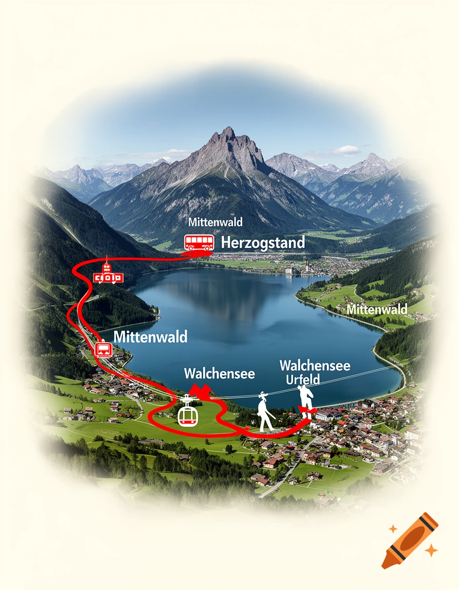 A scenic map of travel routes around a blue lake and green mountains, showing bus, cable car, and walking paths between towns like Mittenwald and Walchensee.