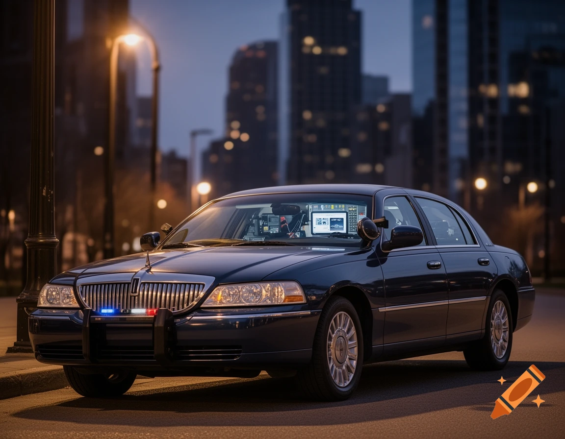 A dark blue Lincoln Town Car, designed as an unmarked police car, parked on a city street at night with city lights in the background.