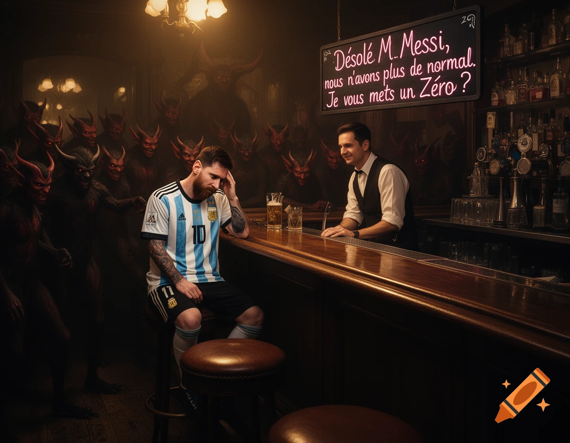 Lionel Messi, wearing an Argentina jersey, sits sadly at a bar counter with a bartender and many red-skinned devils in the background. A neon sign above reads: "Sorry M. Messi, we have no more normal. I'll give you a Zero?"
