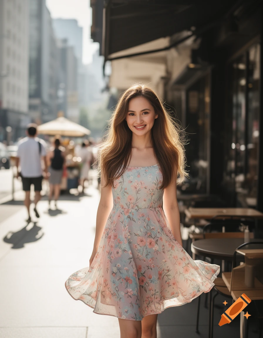 Smiling young woman in a floral dress walks on a sunny city street, with buildings and shops in the background.
