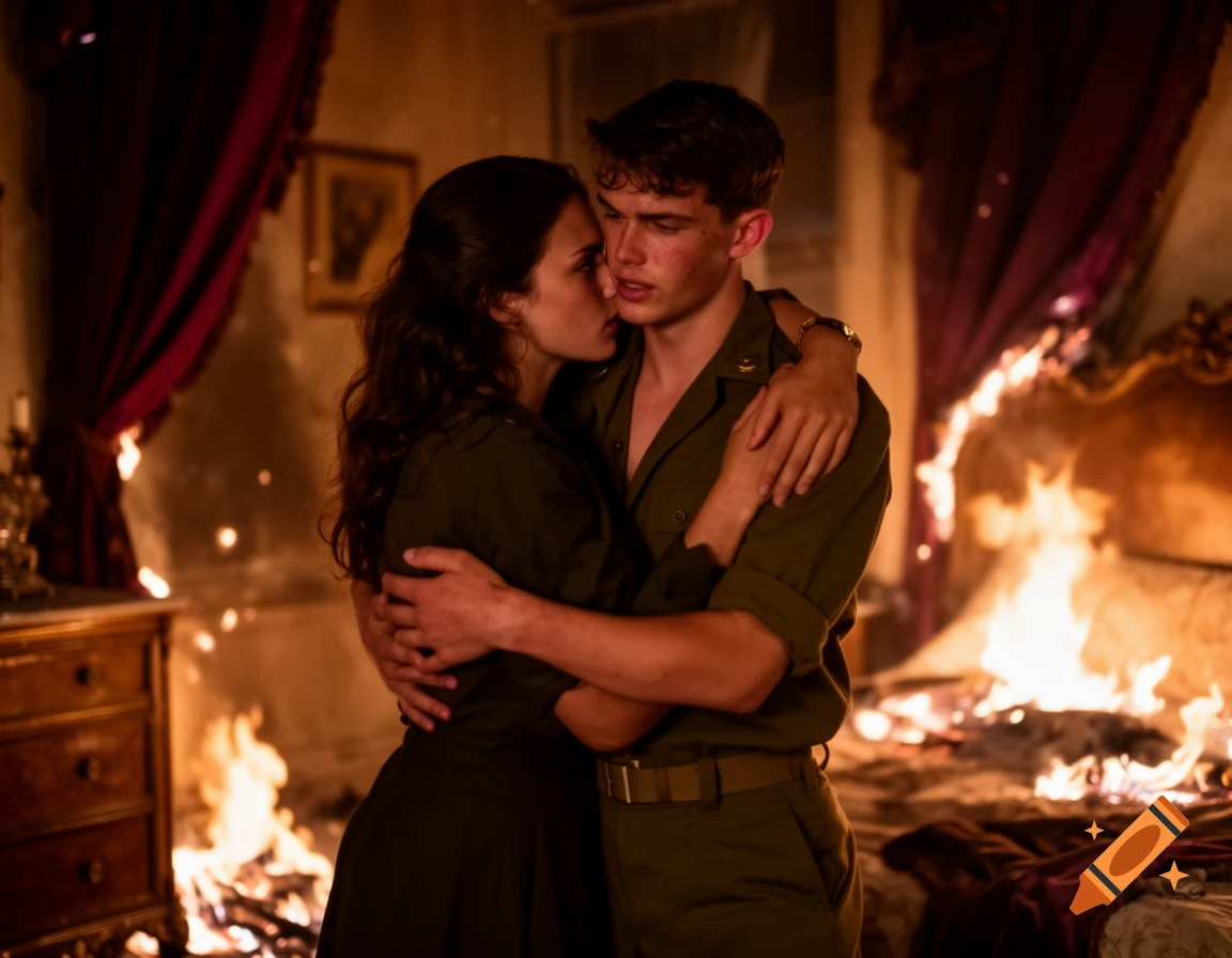 A woman embraces and kisses a young soldier in a dimly lit, burning bedroom, with flames around them.