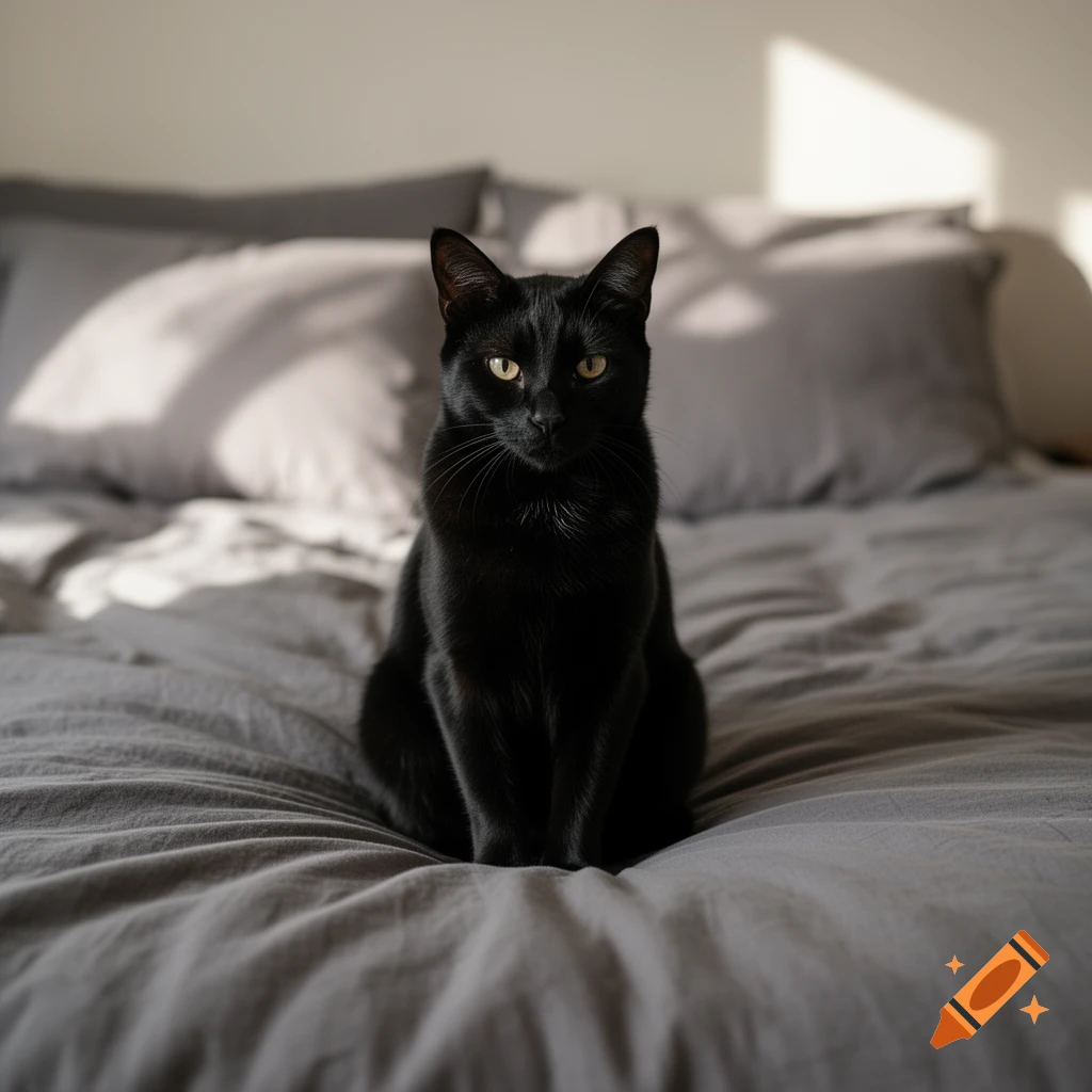 A black cat with yellow eyes sits upright on a grey bed with pillows in a sunlit room, looking directly at the viewer.