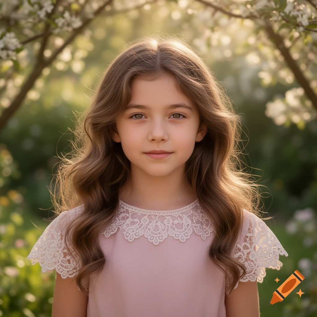 A young girl with long brown wavy hair and green eyes wears a pink dress with a lace collar, standing in a sunny garden with blossoming trees.