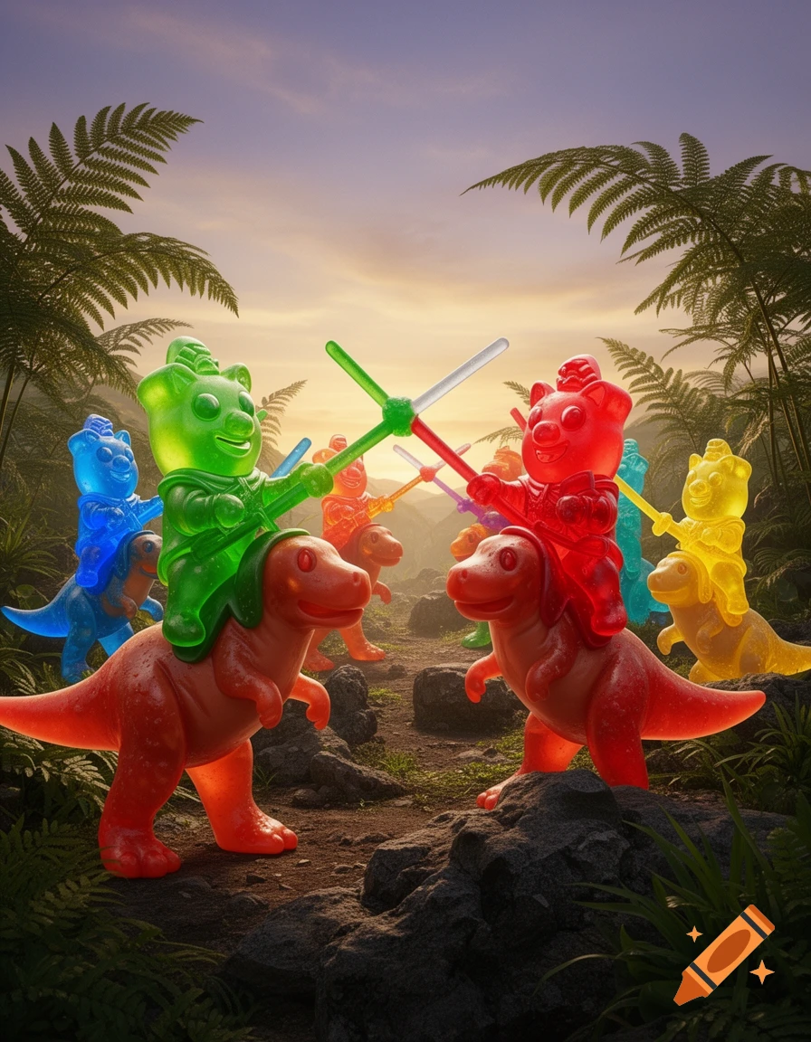 Colorful gummy bear figures riding orange dinosaur toys and jousting with toy swords in a prehistoric jungle setting at sunset.