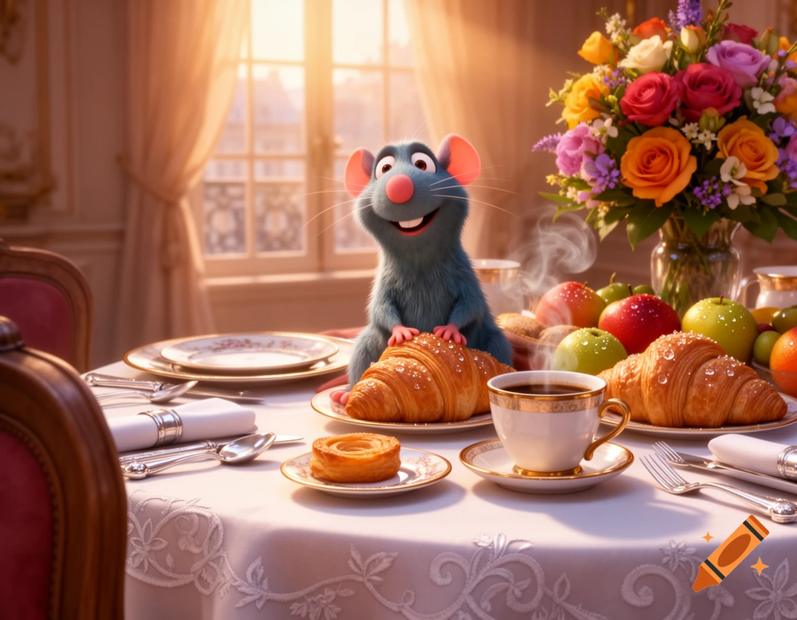 Remy the rat from Ratatouille sits at a lavish breakfast table with croissants, coffee, fruit, and flowers.