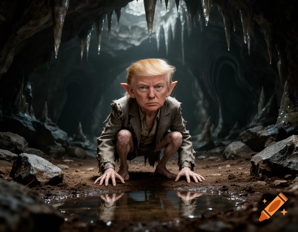 Photorealistic image of Donald Trump as a Gollum-like creature with pointed ears, crouching in a dark, rocky cave by a puddle.