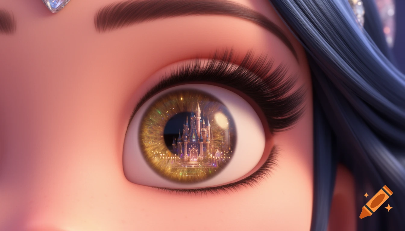 Extreme macro close-up of a CGI princess's hazel eye, reflecting a magical, brightly lit castle with spires and towers.