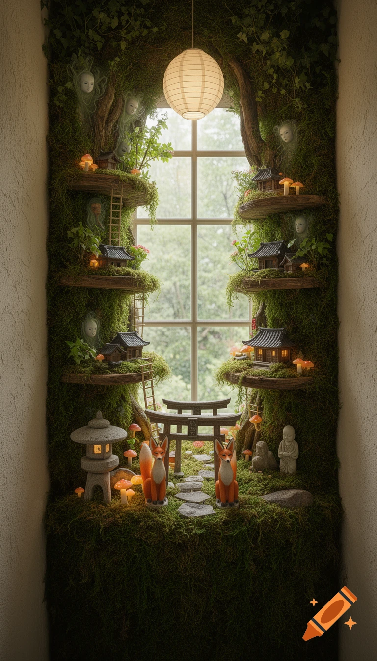A serene vertical Japanese fairy garden built into a moss-covered wall, featuring miniature houses, fox statues, a torii gate, and kodama spirits around a window, lit by a paper lantern.