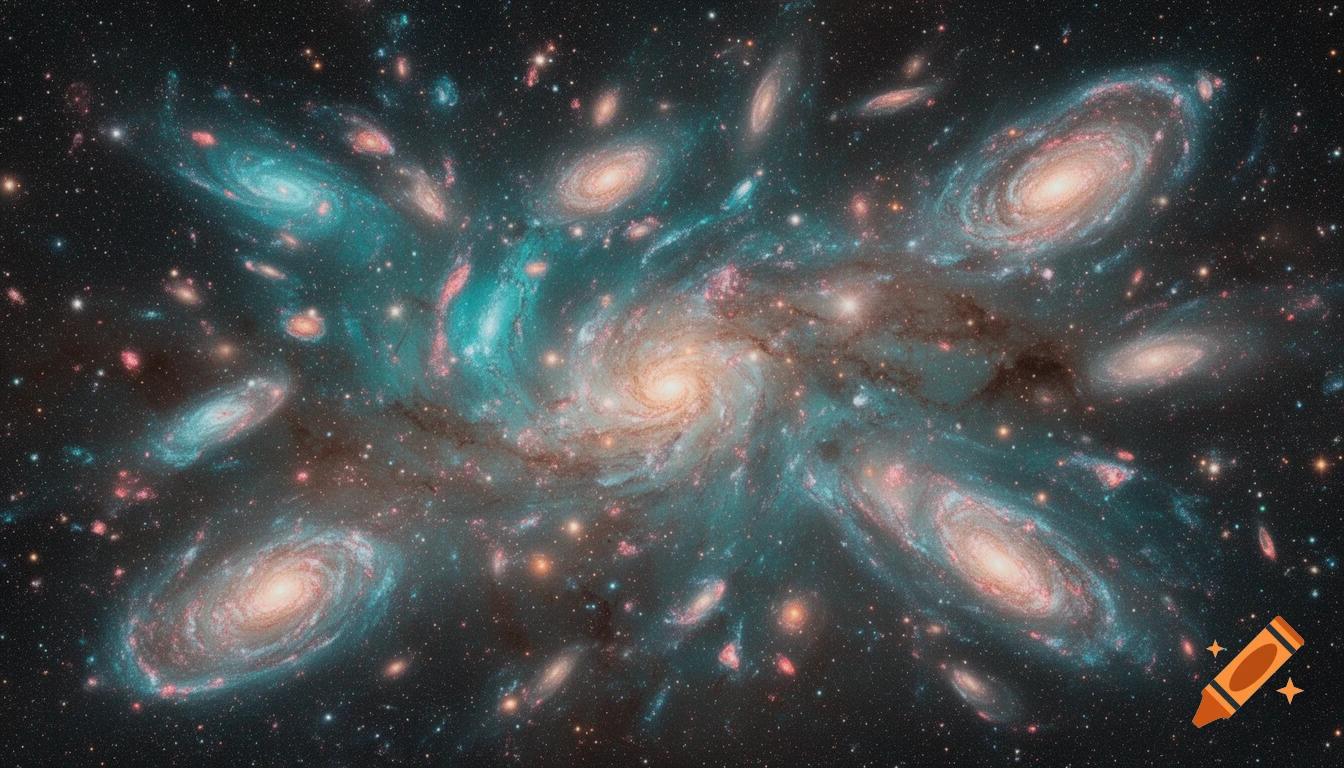 A vibrant image of multiple spiral and elliptical galaxies, some interacting, set against a star-filled universe.