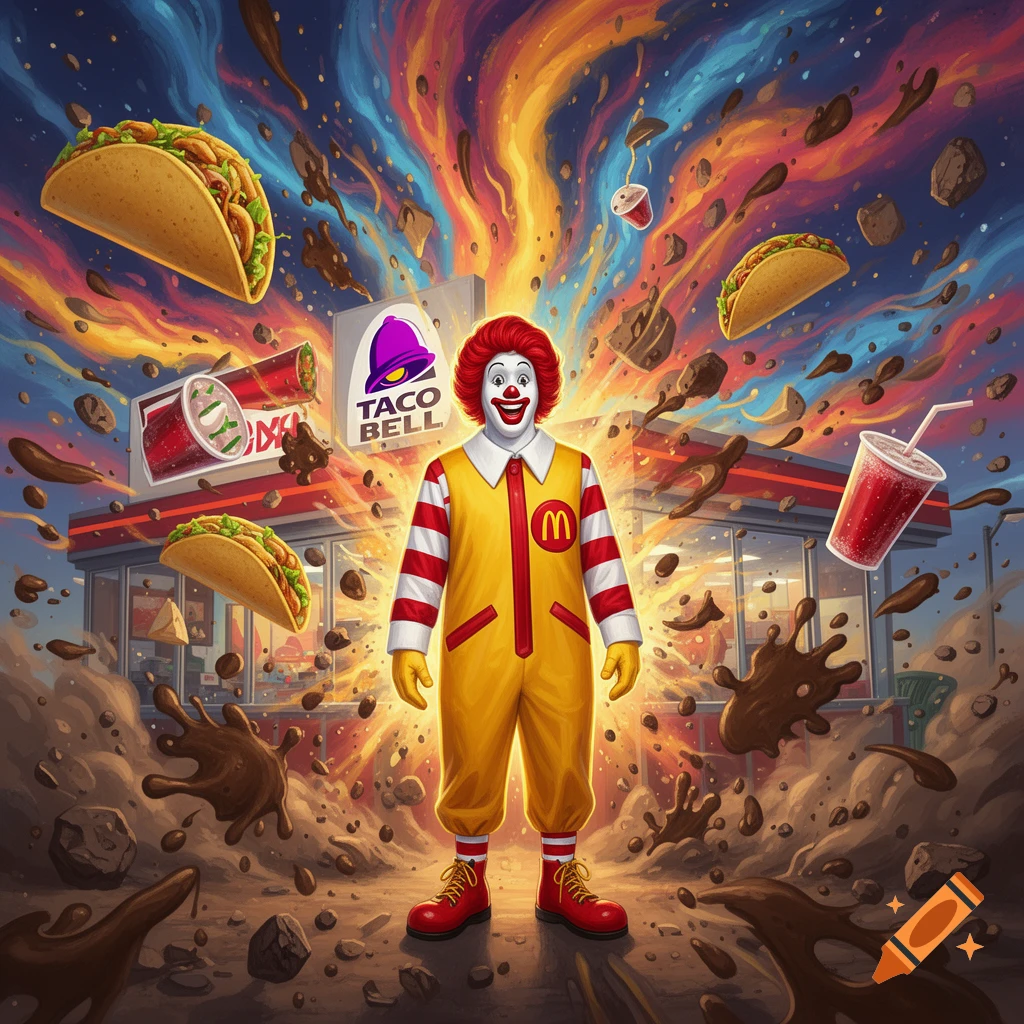 Ronald McDonald stands smiling in front of a Taco Bell, surrounded by flying tacos, drinks, and brown splatters against a vibrant, explosive sky.