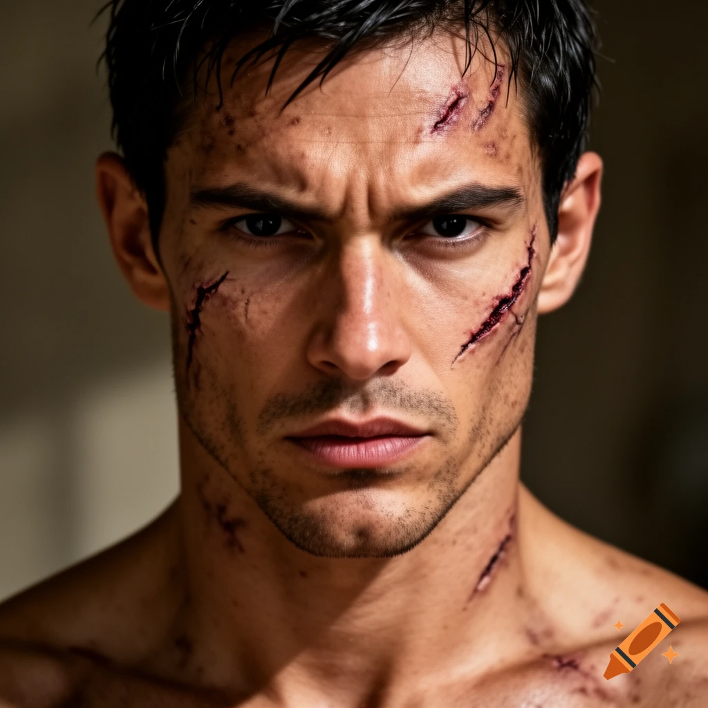 A close-up photorealistic portrait of a serious man with dark hair, dirty skin, and many fresh scars on his face and chest.