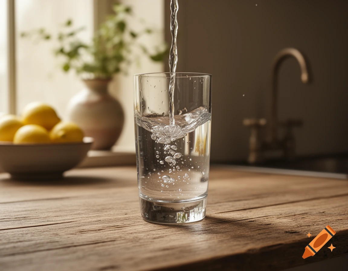 Water being poured into a clear glass on a rustic wooden table in a sunlit kitchen, with lemons and a vase in the background.