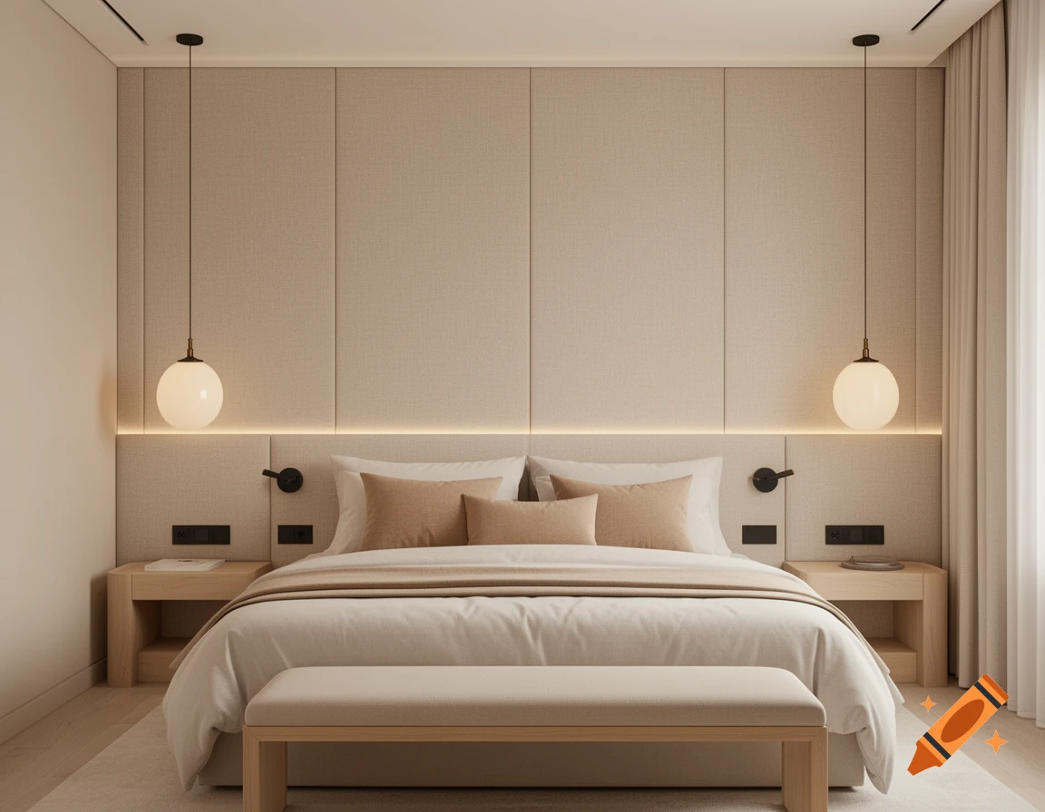 A luxurious, modern bedroom with a large bed, beige linen panel headboard, pendant lights, nightstands, and a light wooden bench.
