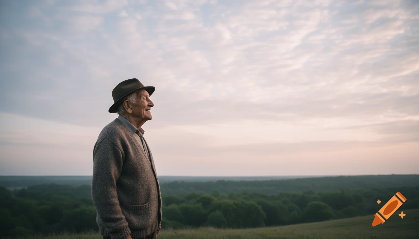Smiling elderly man in a hat looks at a vast, cloudy sky over a green landscape from a grassy hill.