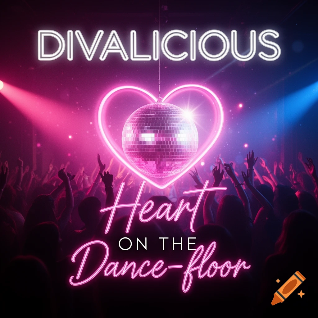 Album cover for 'DIVALICIOUS: Heart ON THE Dance-floor' with a disco ball in a neon heart over a nightclub crowd.