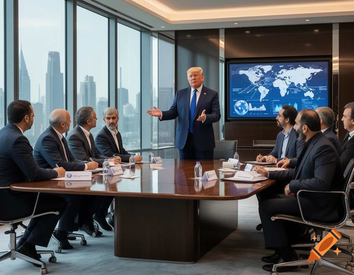 Donald Trump gestures while speaking to several men in suits seated around a large conference table in a modern boardroom with large windows overlooking a city skyline. A large screen behind Trump displays a world map.