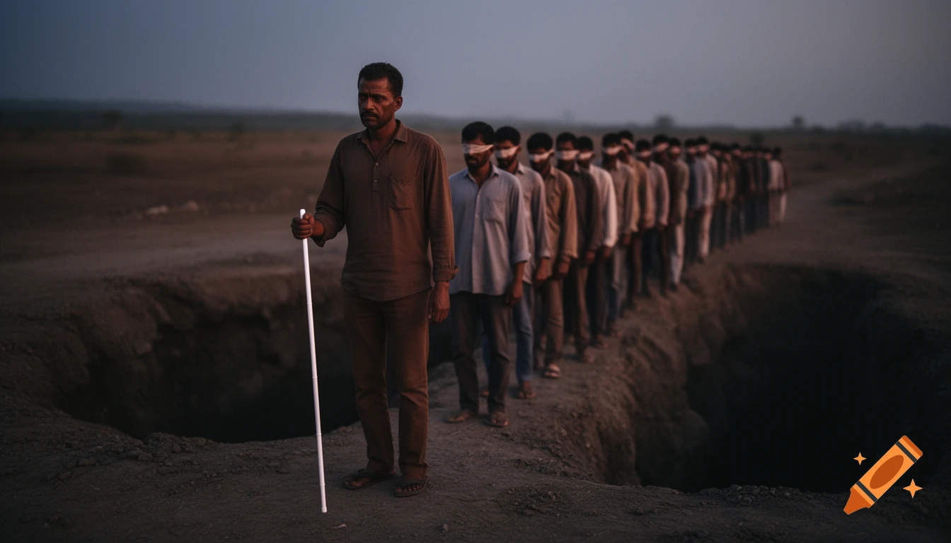 A man with a white cane leads a long line of blindfolded men towards a large pit in a barren landscape at dusk.
