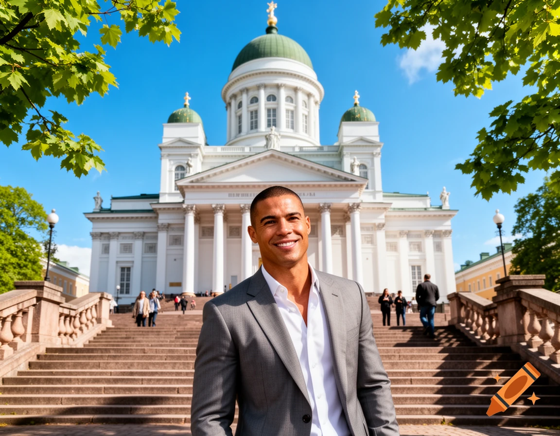 A smiling man in a gray suit stands in front of the white Helsinki Cathedral with a green dome under a clear blue sky.