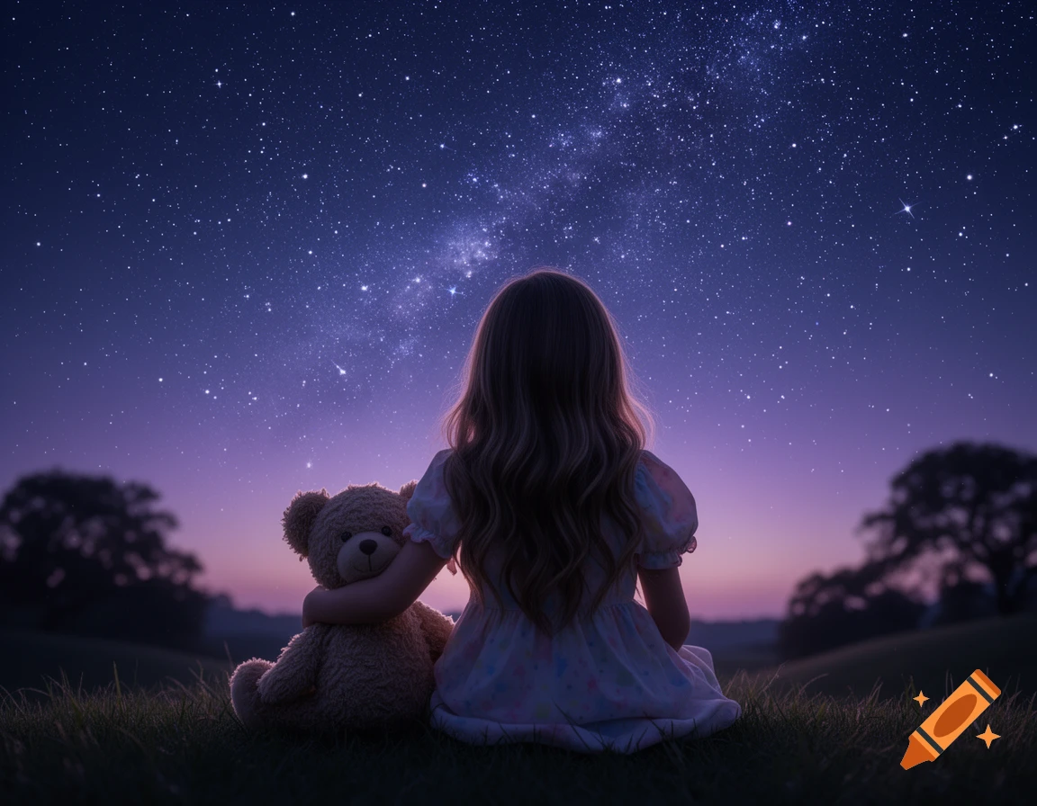 A young girl and her teddy bear sit on a grassy hill, gazing up at a vibrant purple and blue starry night sky.