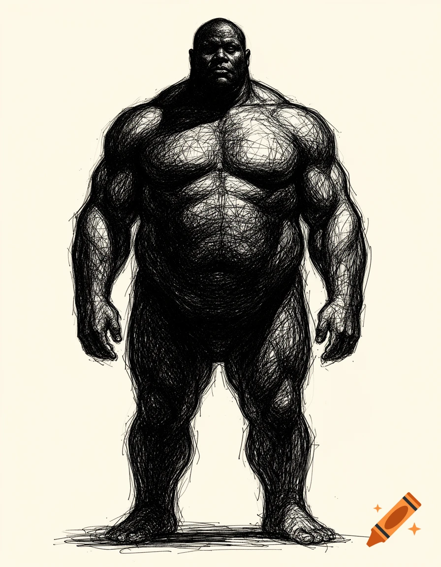 A full-body scribble art ink illustration of a gigantic, muscular dark-skinned man standing upright.
