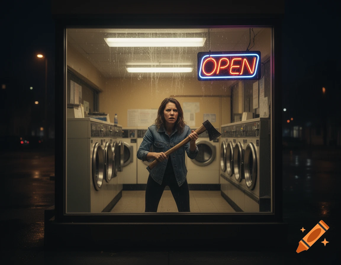 A concerned woman holds an axe in a brightly lit laundromat at night, viewed through a wet window from outside, in a photorealistic style.