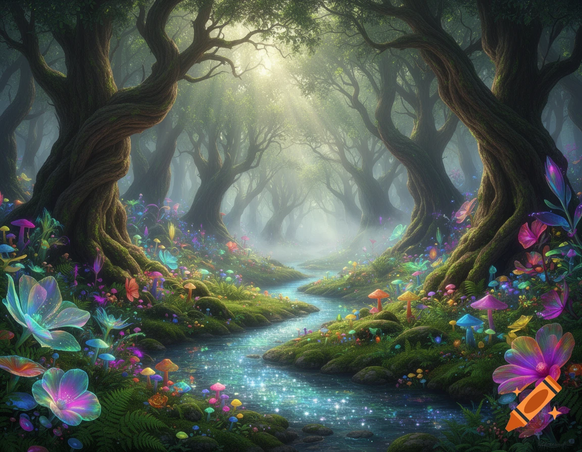 A winding, sparkling river through a luminous fantasy forest with ancient trees, glowing mushrooms, and vibrant iridescent flowers.