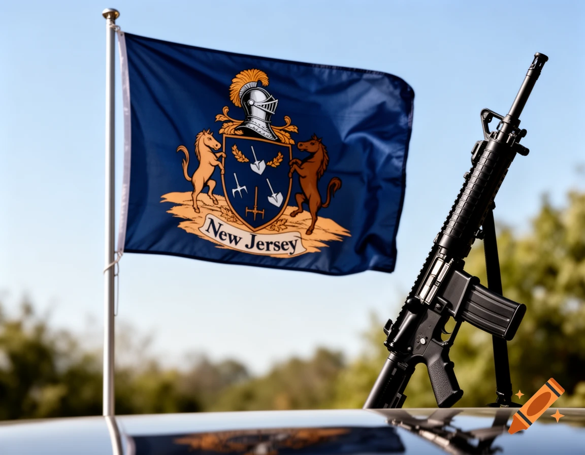 A New Jersey flag flying next to a black AR-15 rifle, both reflecting on a shiny surface under a blue sky.