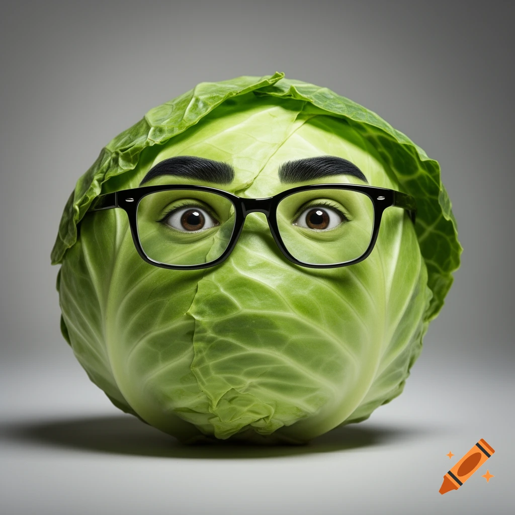 A photorealistic image of a cabbage with human eyes, thick black eyebrows, and black-framed glasses against a grey background.